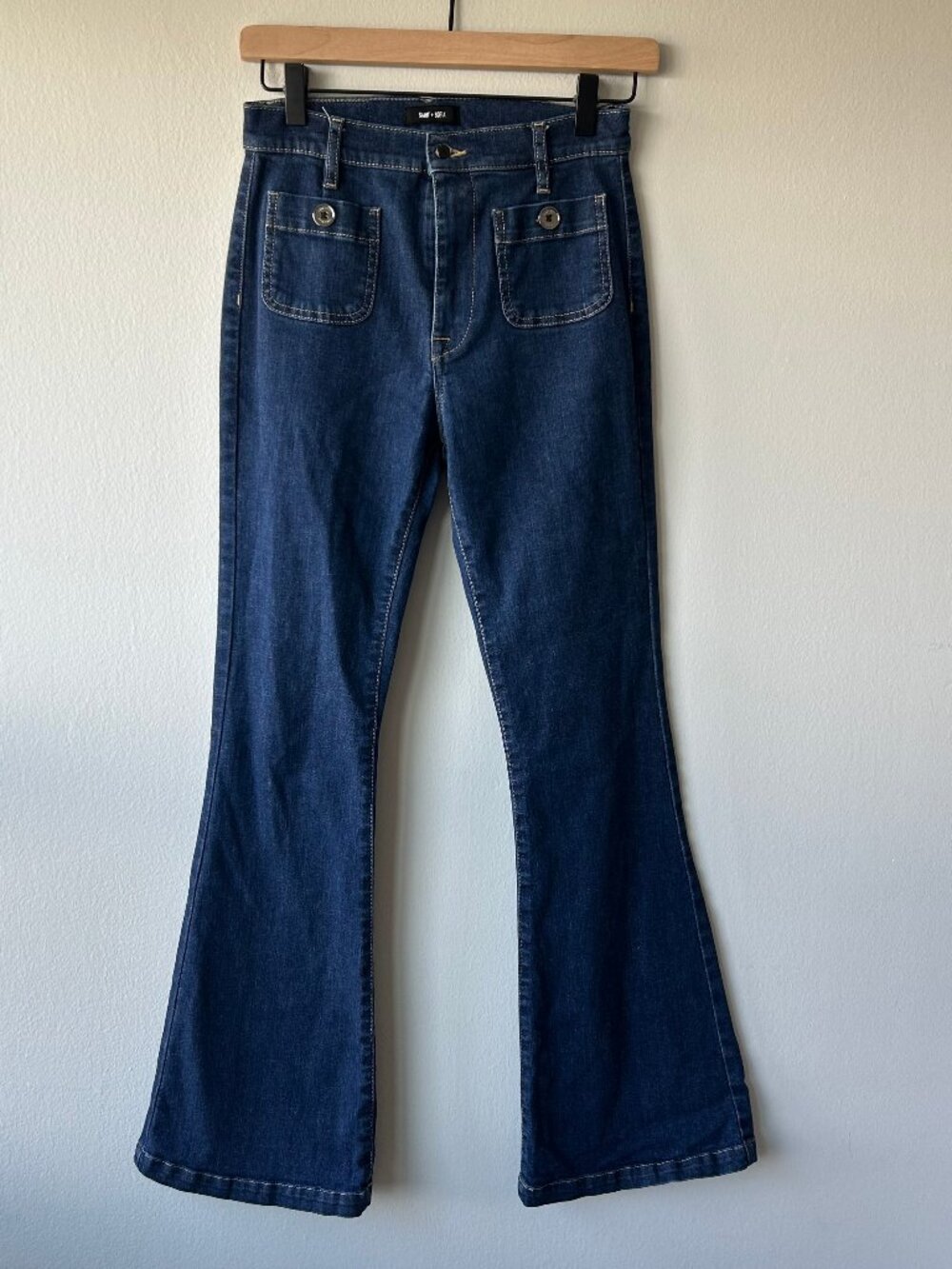 Saint + Sofia Bowie Flare Jeans Dark Wash Patch Pocket Stretch Women Size 26 - Picture 2 of 11